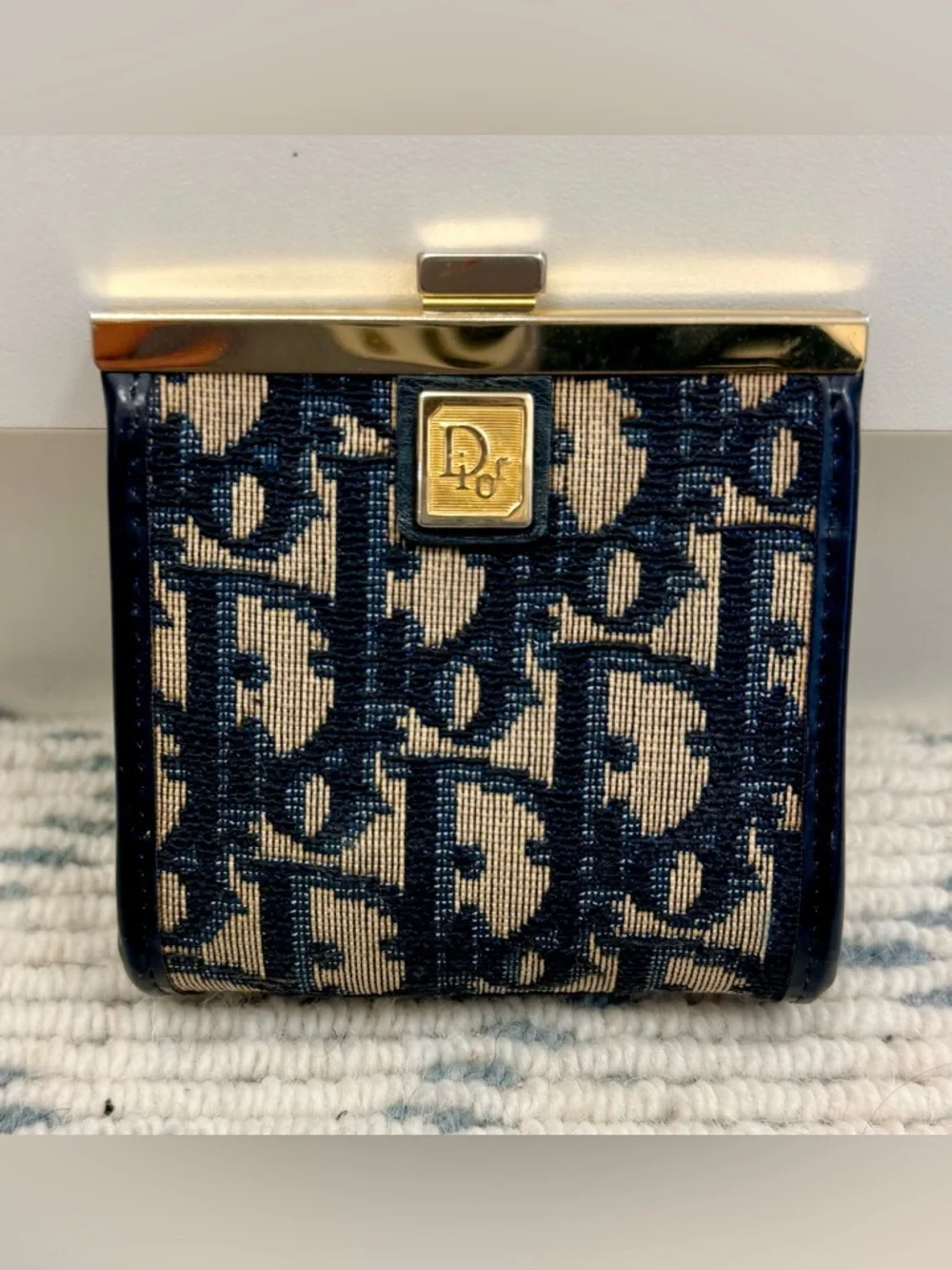 DIOR Vintage Rare Blue Trotter Monogram Canvas Kiss Lock Coin Purse W/ Gold