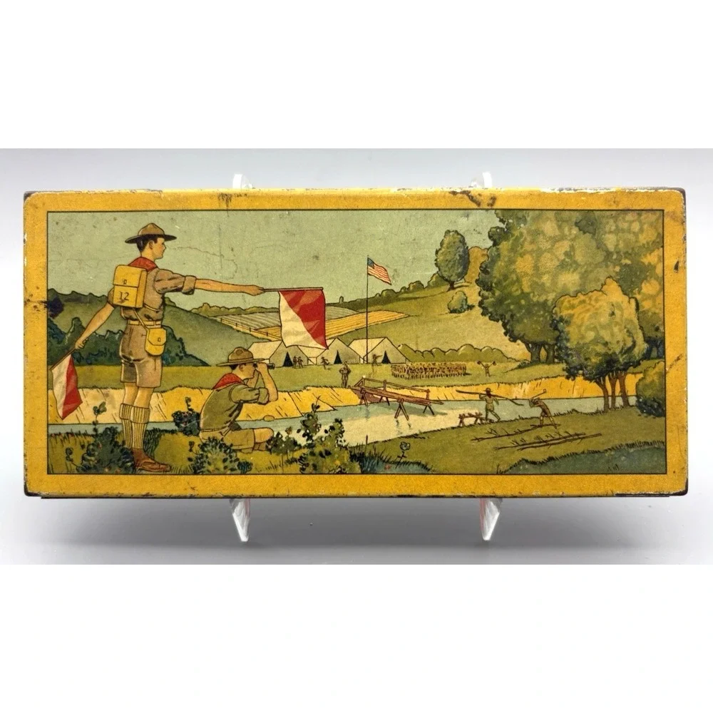 Vintage tin litho box Wallace Pencil Co Boy Scouts signal flags yellow 1920's