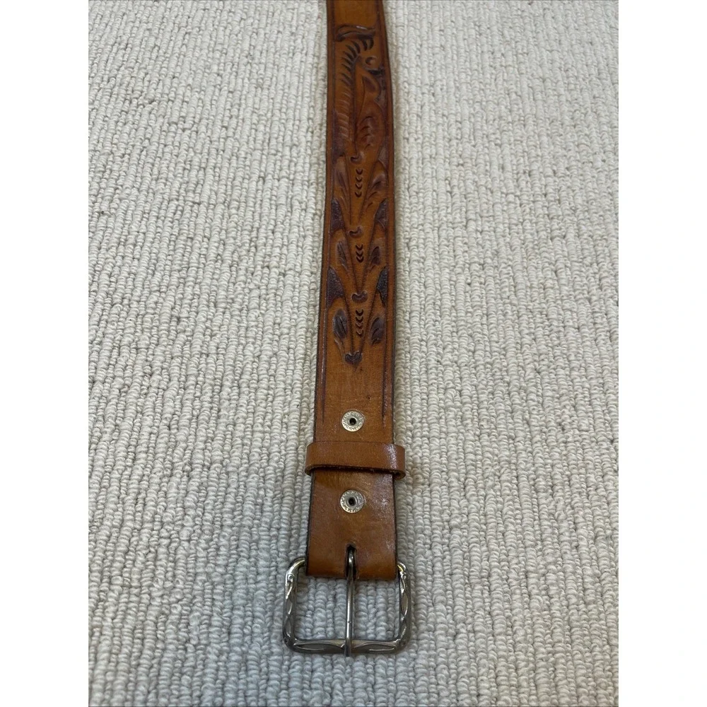 Vintage Kids Medium 32 Hand Tooled Leather Belt Brown Western Cowboy