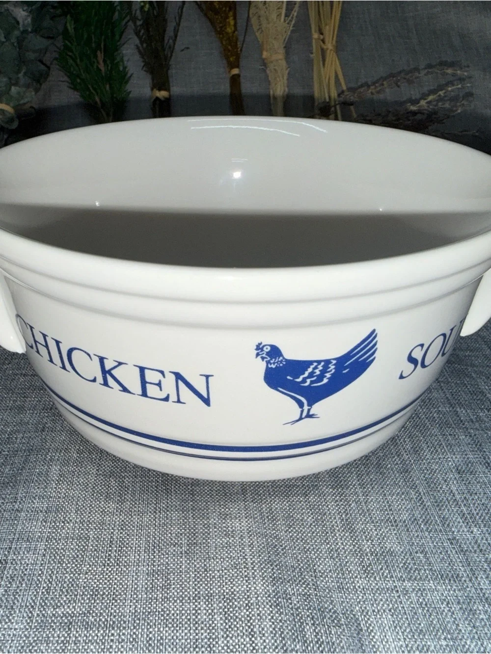 Vintage Chicken Soup Bowl Crock Blue White Milk Glass F.T.D.A Korea 6” Handles