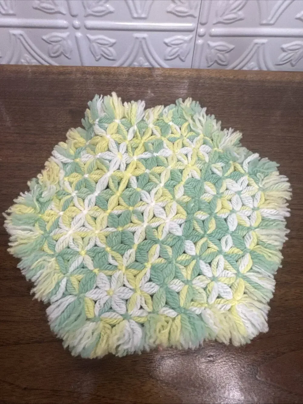 VTG 70’s Crocheted Reversible Hot Pad Trivet Green Color