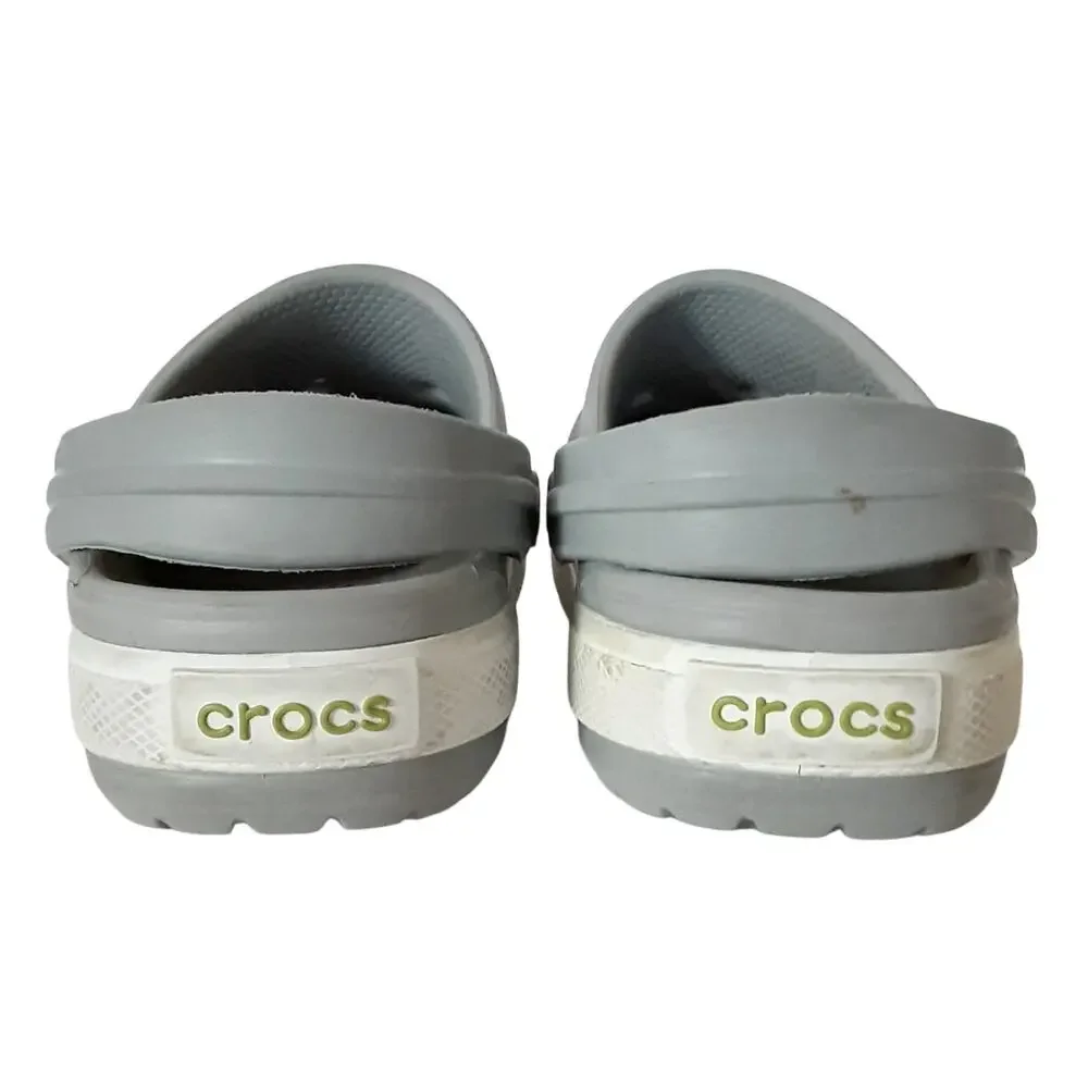 Crocs Crocband Clogs Boys 6/7 Gray Lime Green Stripe Retro Water Shoes Summer