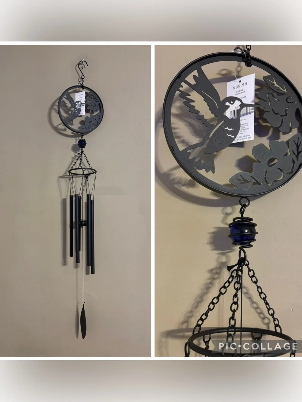 New Outdoor Metal Hummingbird Wind Chime - Black w/ Blue Glass Ball, 40” long