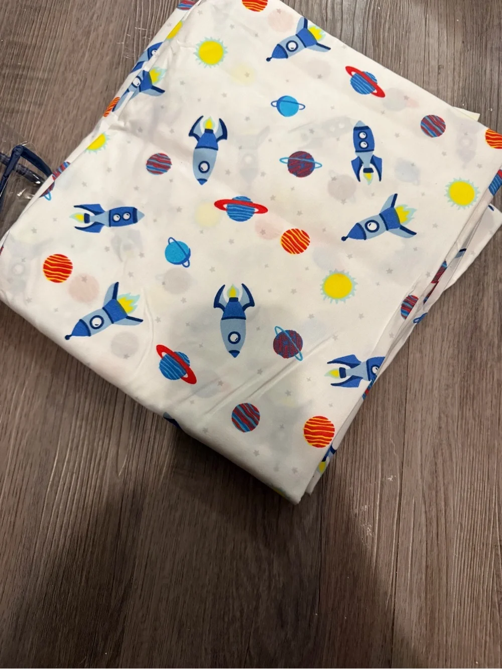 Blast Off! Twin Space Flat Sheet ONLY - White with Blue and Yellow Rockets- new