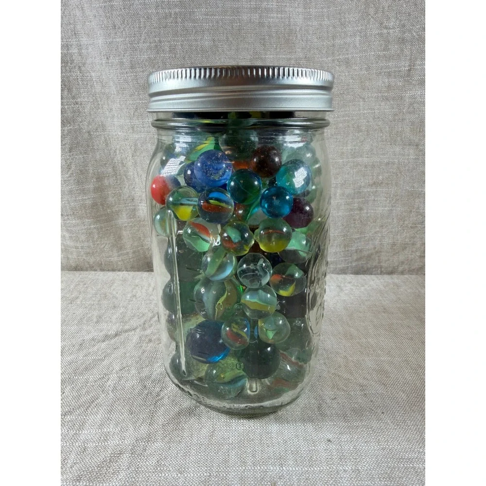 Large Lot Vintage Glass Marbles Assorted Colors Styles in Glass Mason Jar Lid