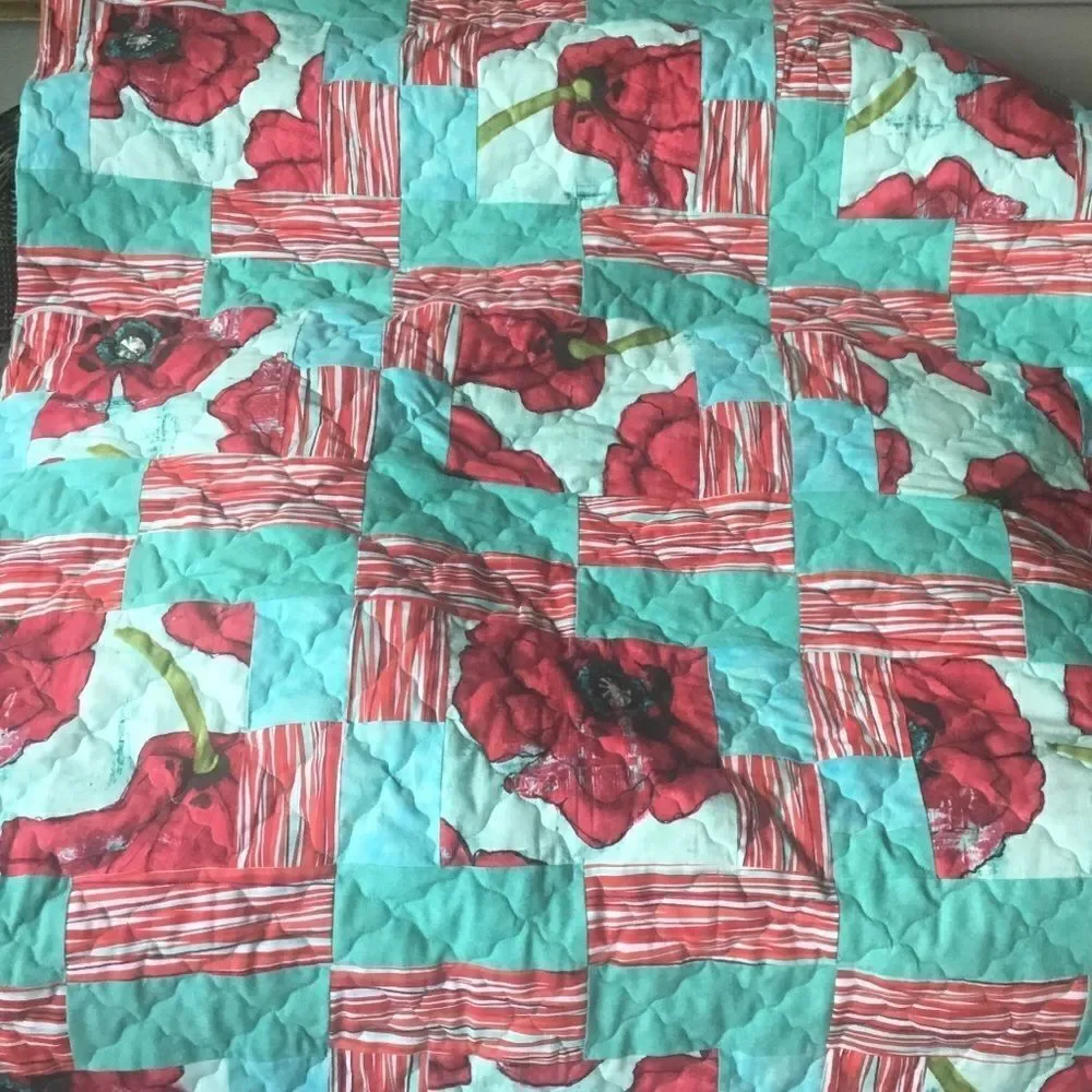 Hand Crafted Quilt Turquoise and Red