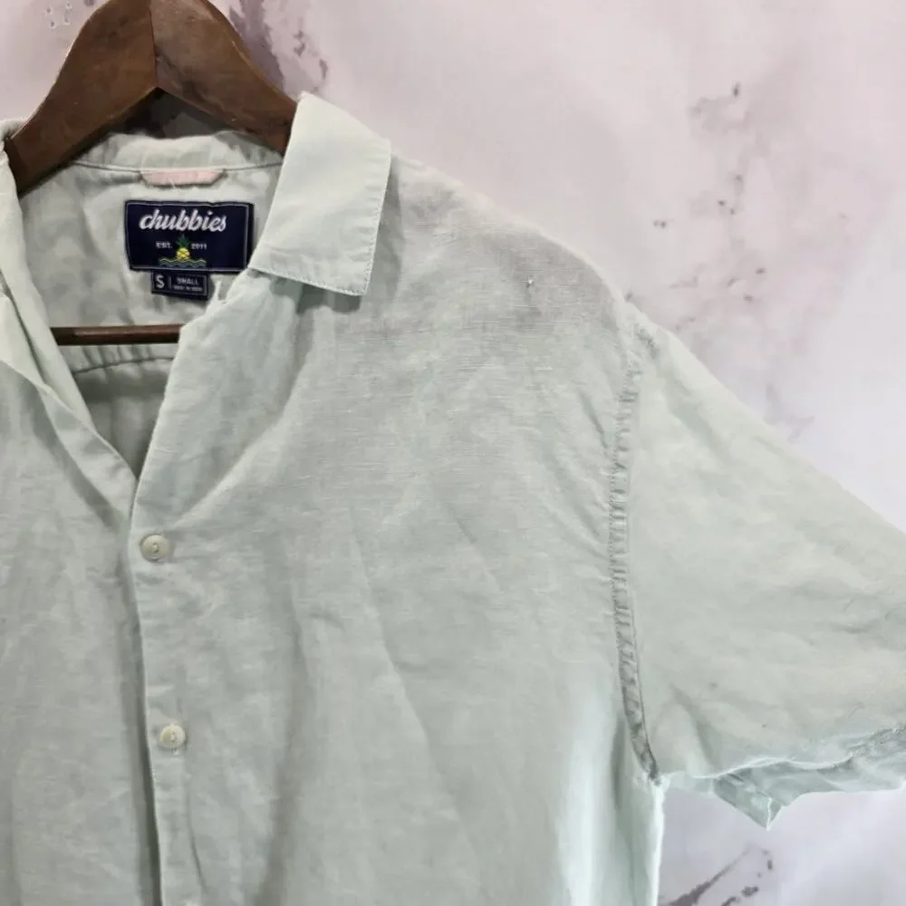 Chubbies Shirt Mens Small Blue Linen Short Sleeve Dad Fit Button Loop Collar