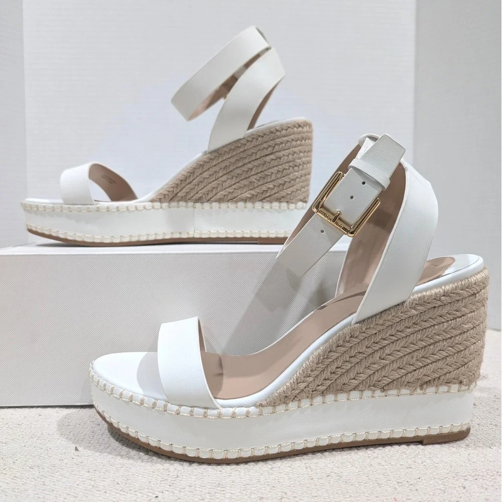 Lauren Ralph Lauren Hilarie White Leather Espadrille Wedge Sandals 9B MSRP $155