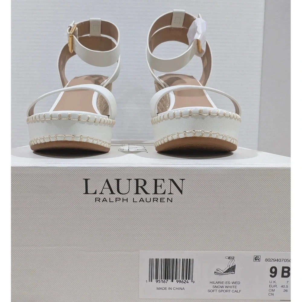 Lauren Ralph Lauren Hilarie White Leather Espadrille Wedge Sandals 9B MSRP $155