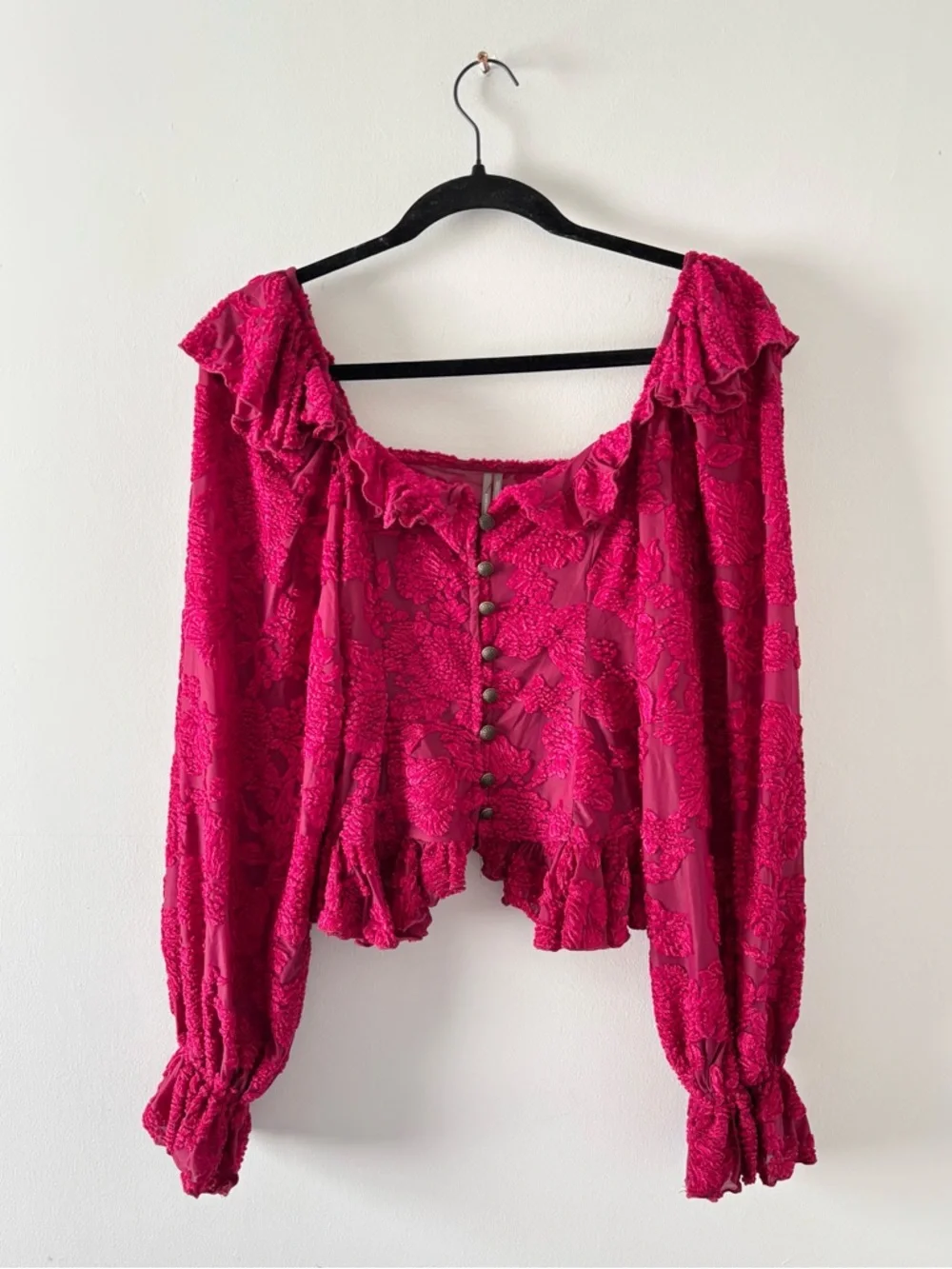 Anthropologie Velvet Burnout Peasant Top Long Sleeve Cropped Ruffle Trim Pink