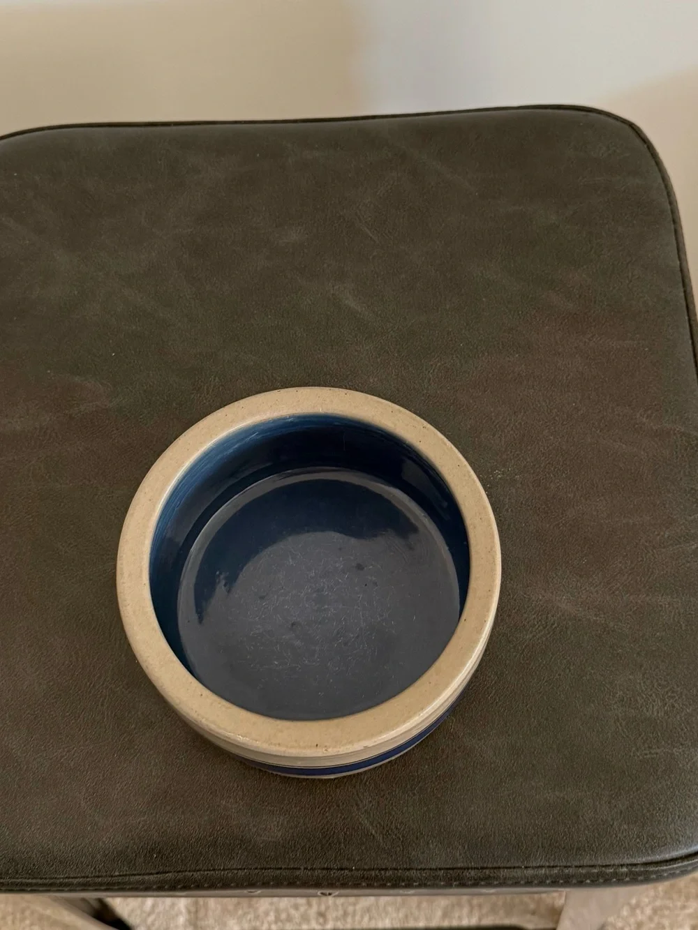 Vintage Bretby Pottery Stoneware Pet Bowl with Deep Blue Stripe
