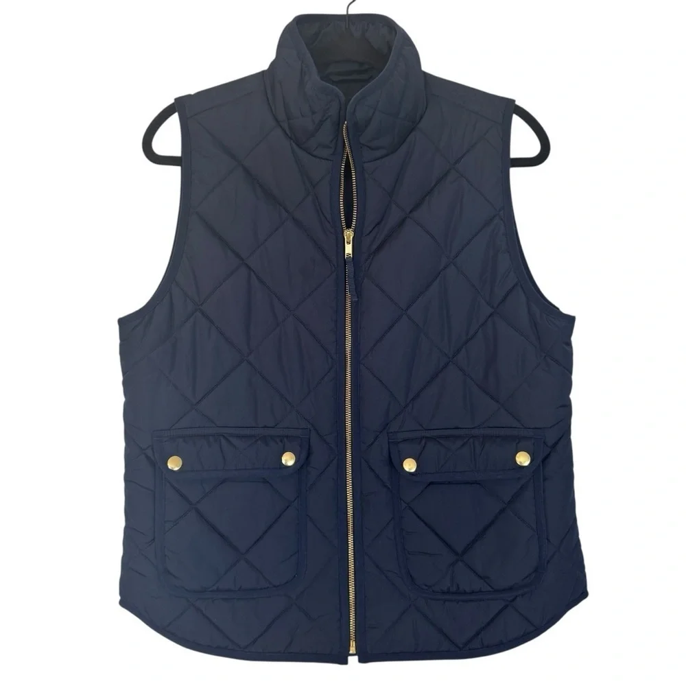 J. Crew Excursion Navy Blue Quilted Medium Puffer Vest with Gold Accents