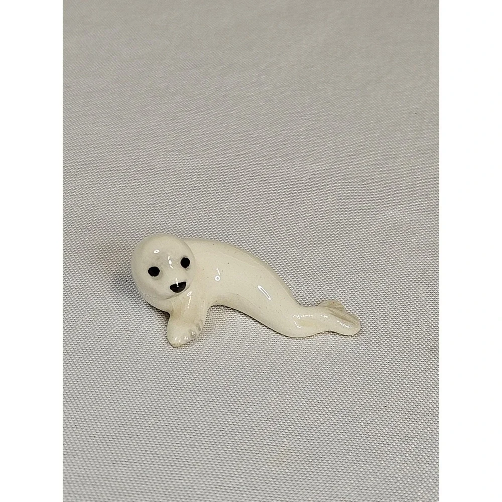 Miniature Ceramic Seal Figurine Glossy White Glazed Porcelain Tiny Sea Life Deco