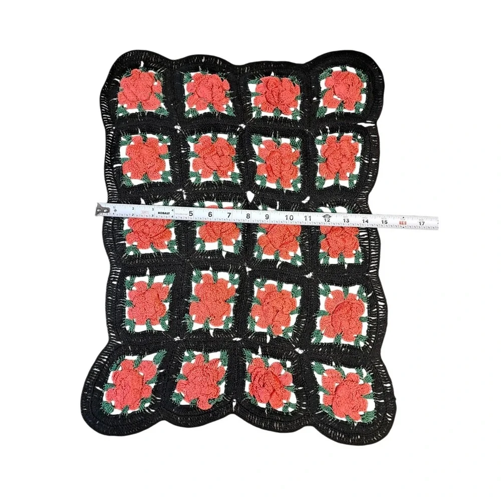 Crochet Small Runner Black With Red Roses