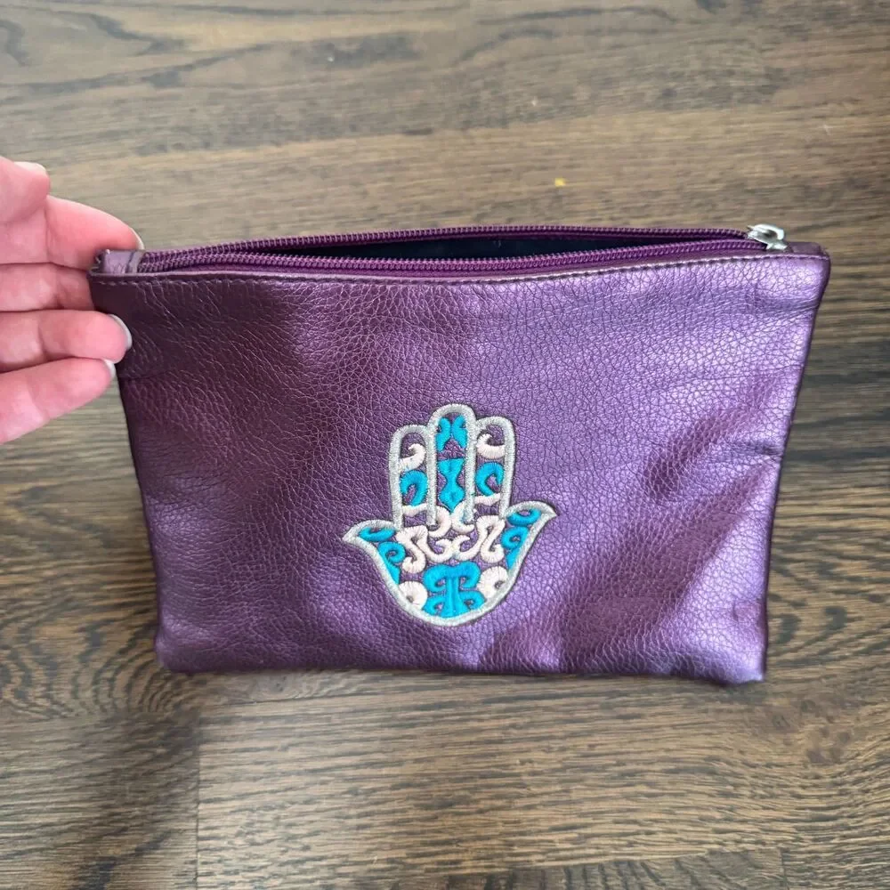 Women's Metallic Purple Faux Leather Evil Eye Hand Pouch