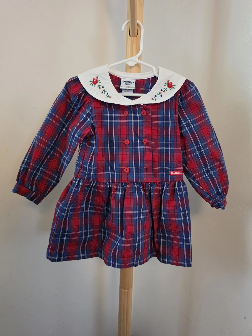 Vintage Rare Osh Kosk B Gosh Plaid Red Whit & Blue Girls Dress 2T