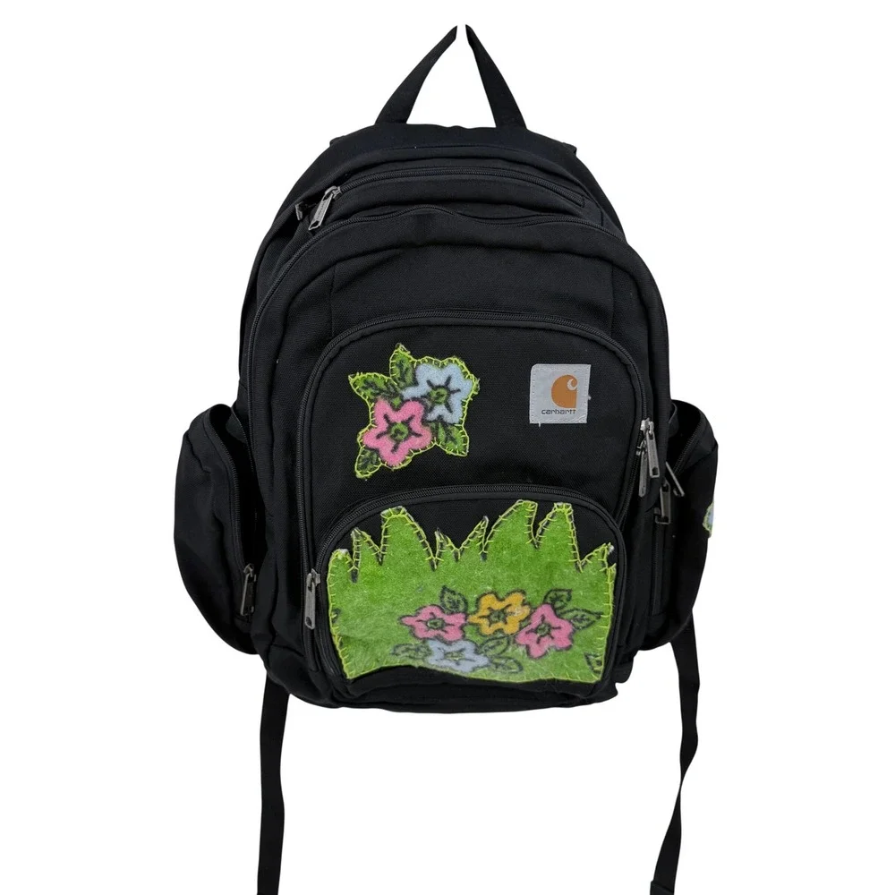 Carhartt Black Canvas Backpack Custom Floral Patches Workwear Utility Bag