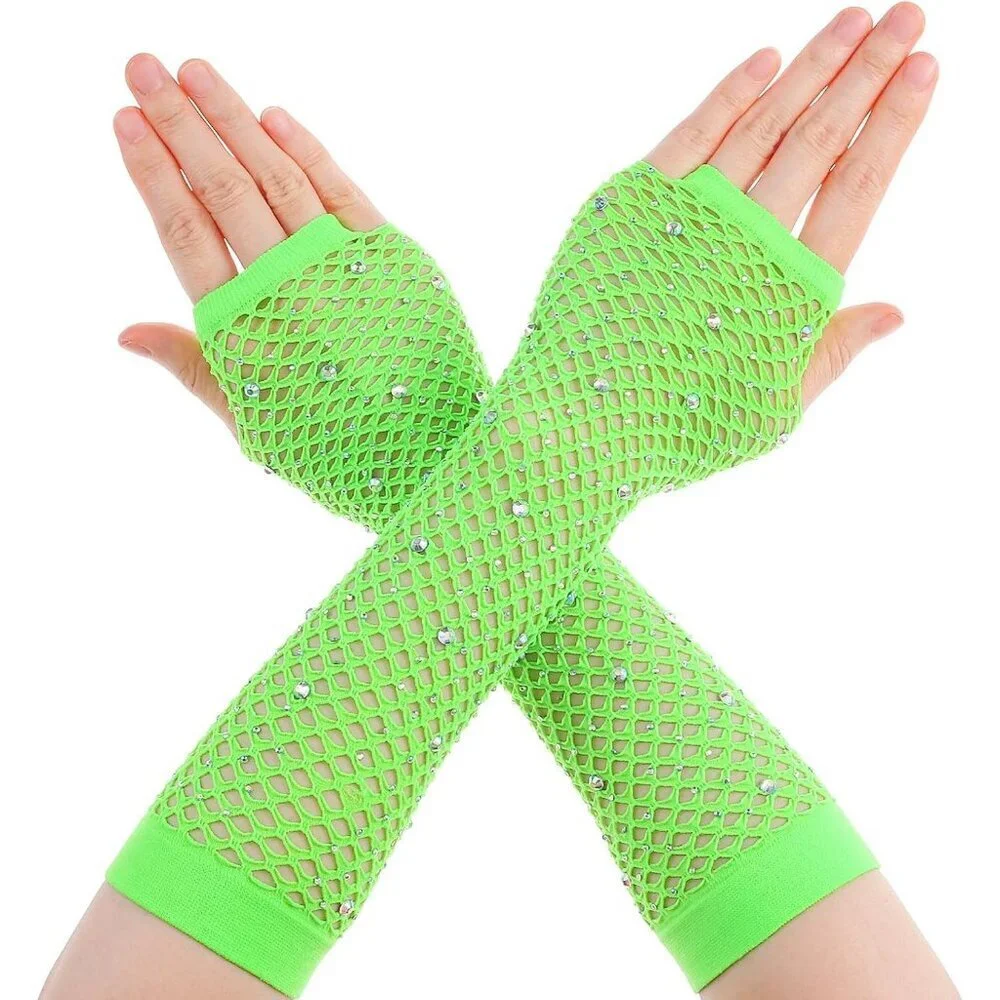 Women's Rhinestone Green Sparkly Halloween Cosplay Fingerless Long Gloves