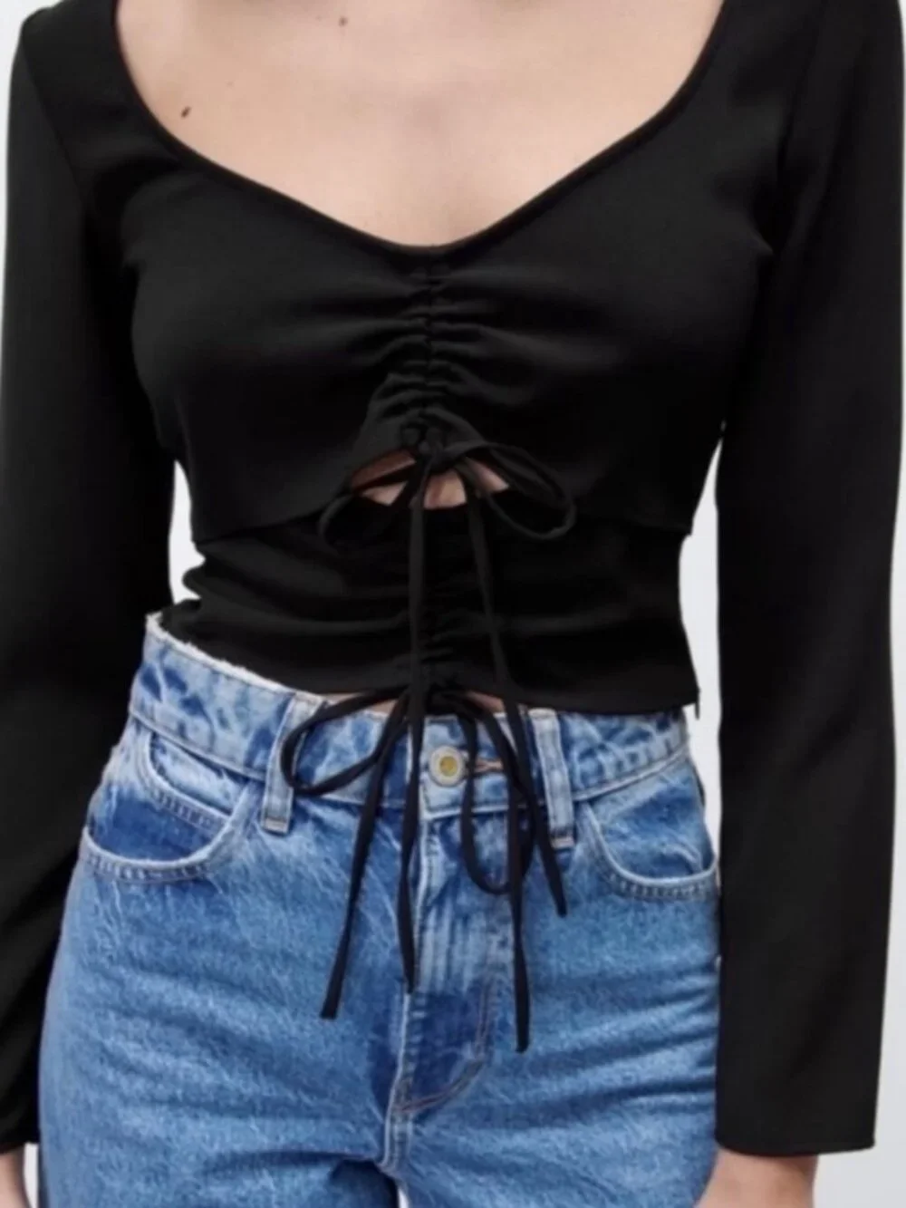 ZARA Ruched Cut Out Long Sleeve Black Top Blouse Size Small