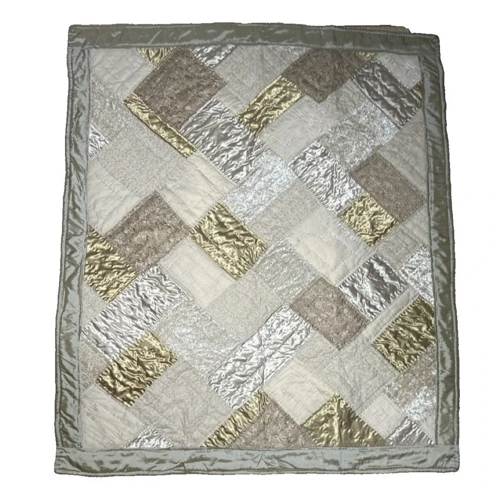 Vtg Patchwork Throw Blanket Metallic Sateen‎ Quilted Velvet Floral