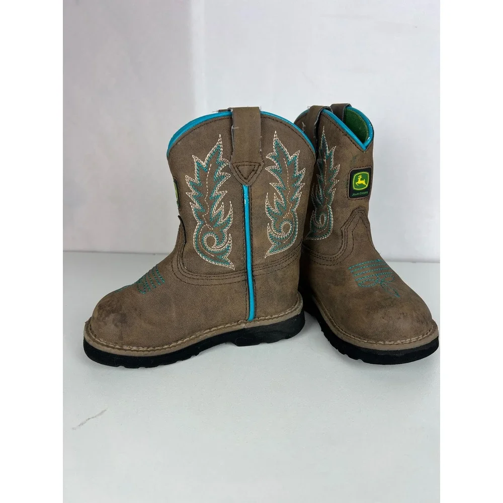 John‎ Deere Infants Brown Turquoise Western Cowboy Boots JD1032 Size SM