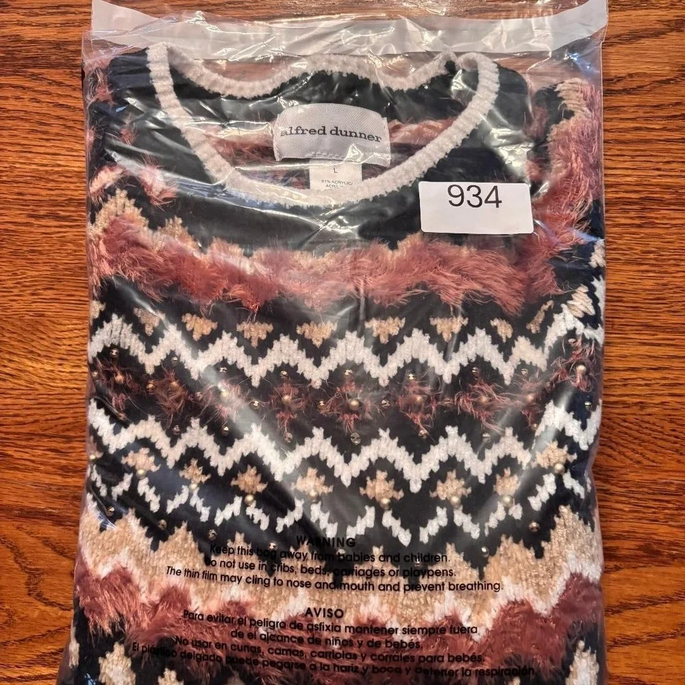 Alfred Dunner Sweater Pullover Crew Neck Black/Orange/Cream Women's‎ Size L
