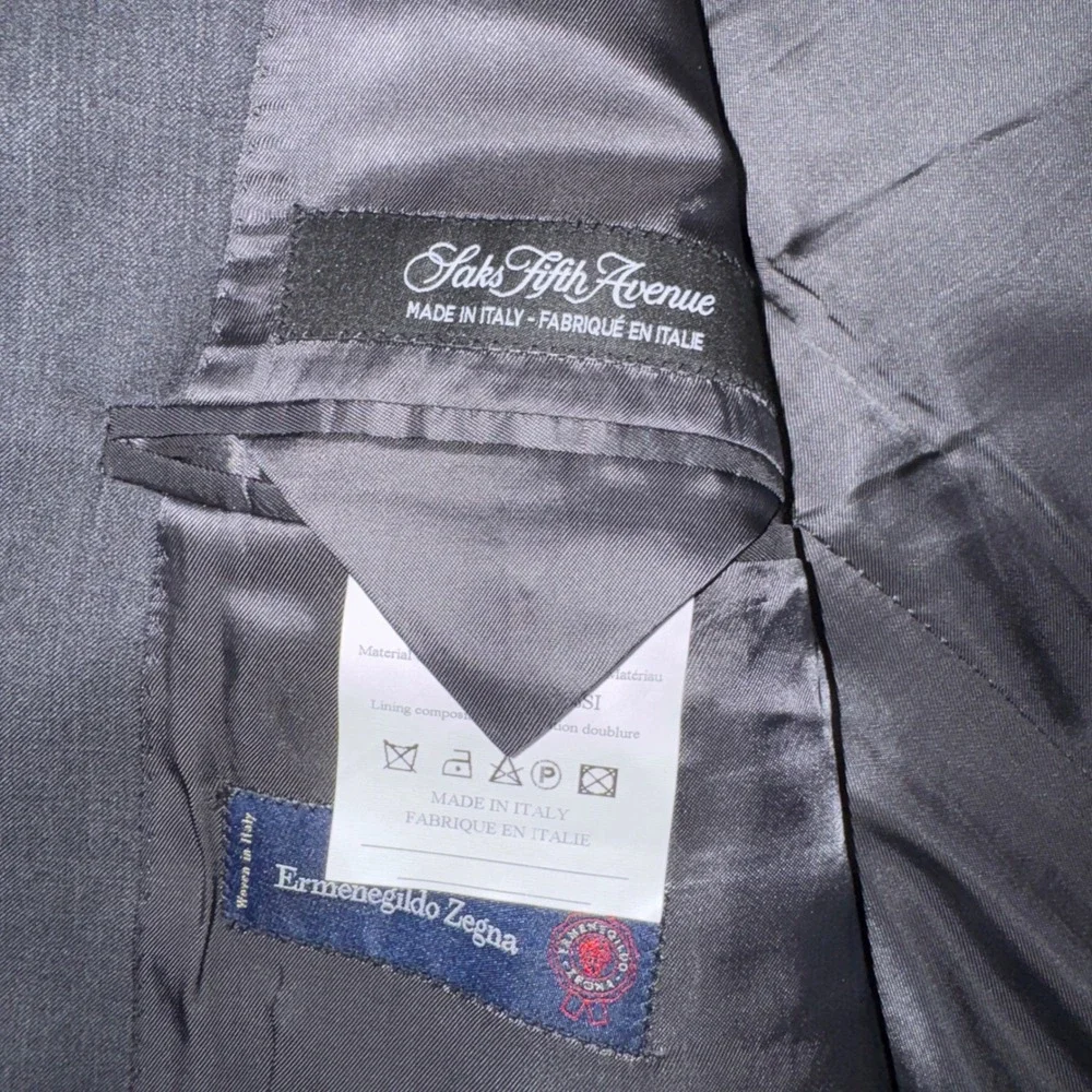 Saks Fifth Avenue Ermenegildo Zegna Suit 44L 38W Mens Slim Fit Black Wool Silk