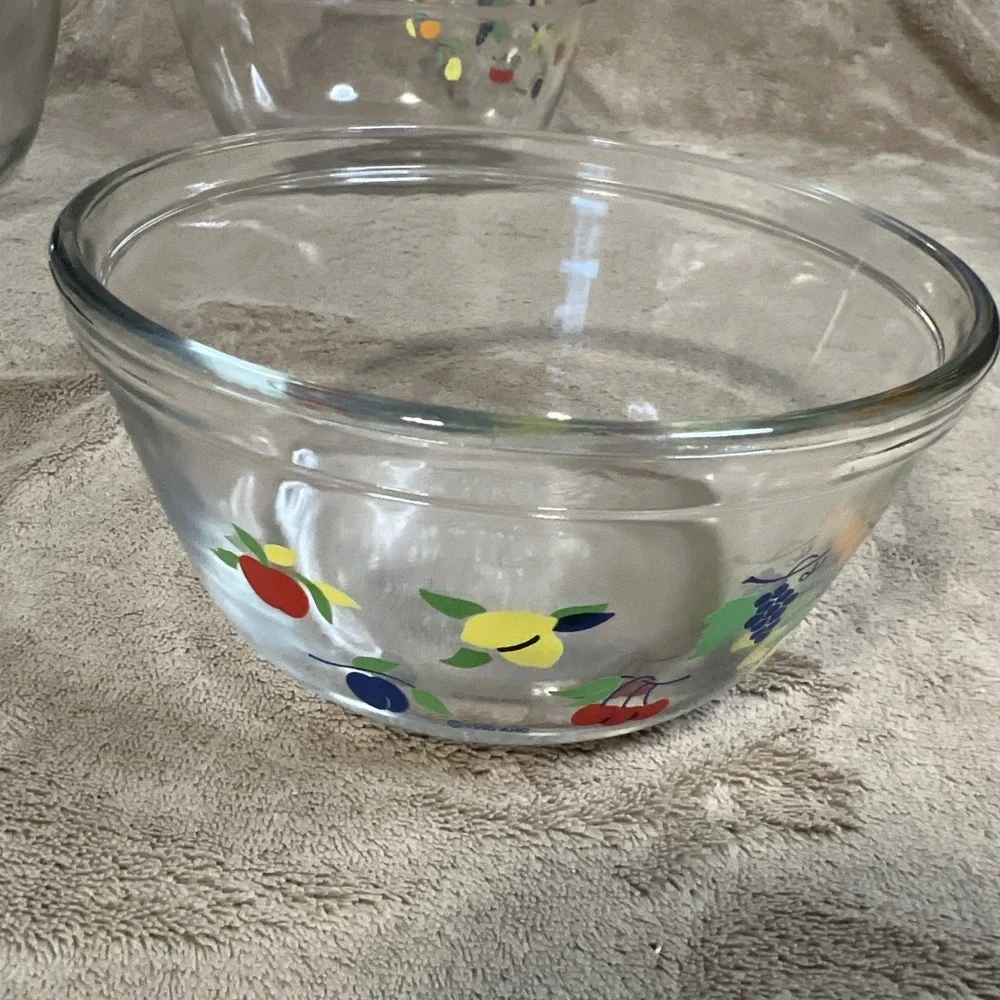 3pc Vtg Anchor Hocking Retro Mixing Bowl 1qt 1.5qt 2.5 qt Fruit Pattern 1990‎
