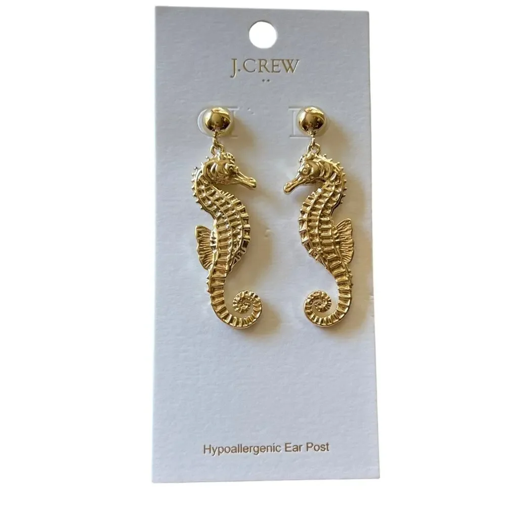 NWT J. Crew Gold Seahorse Statement Earrings