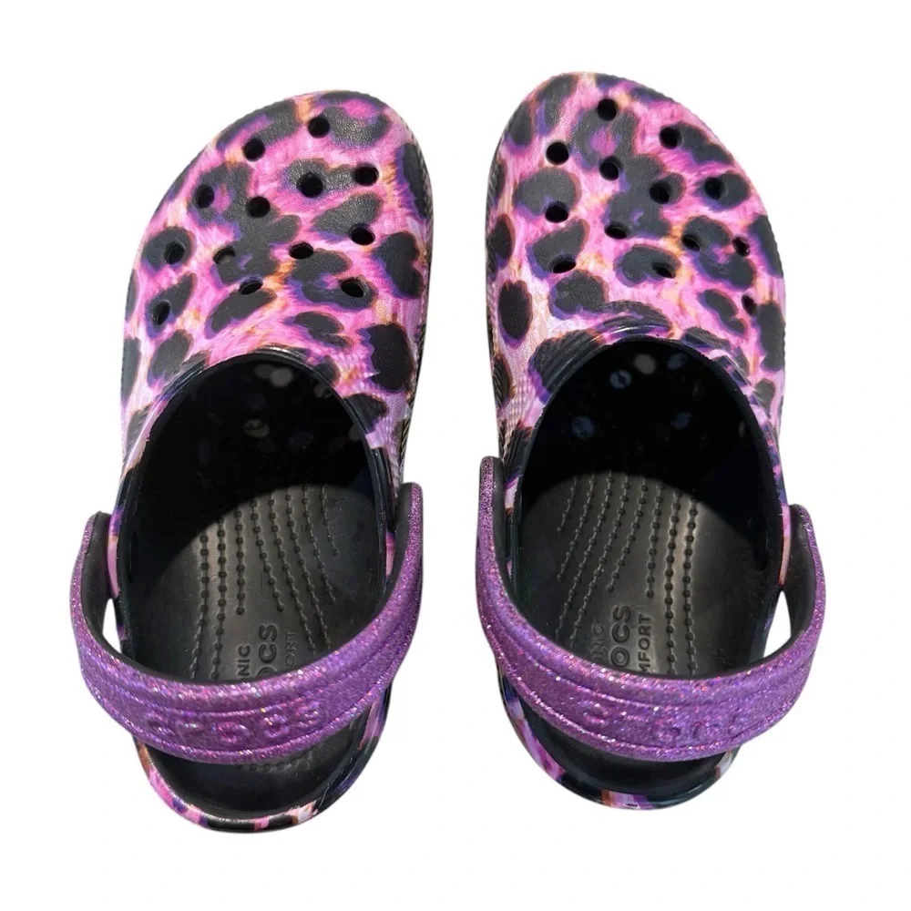 Girl’s Purple and Pink Animal Print Classic CROC with Glitter Strap. EUC