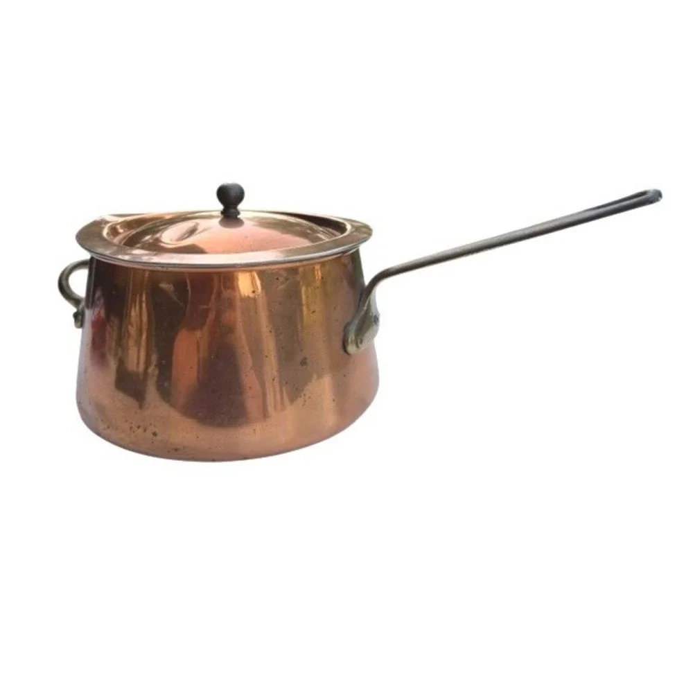 Vintage Copper Saucepan Lid Brass Handle Riveted Tin Lined Pot 7