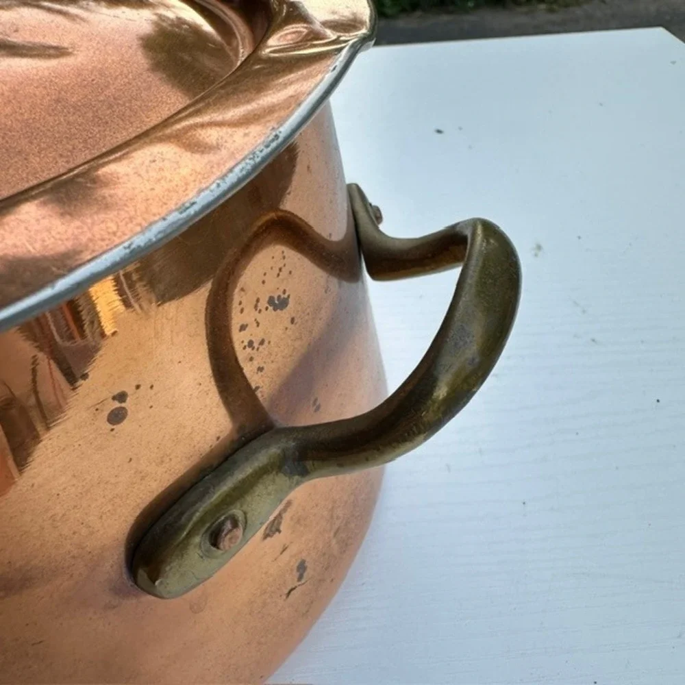 Vintage Copper Saucepan Lid Brass Handle Riveted Tin Lined Pot 7