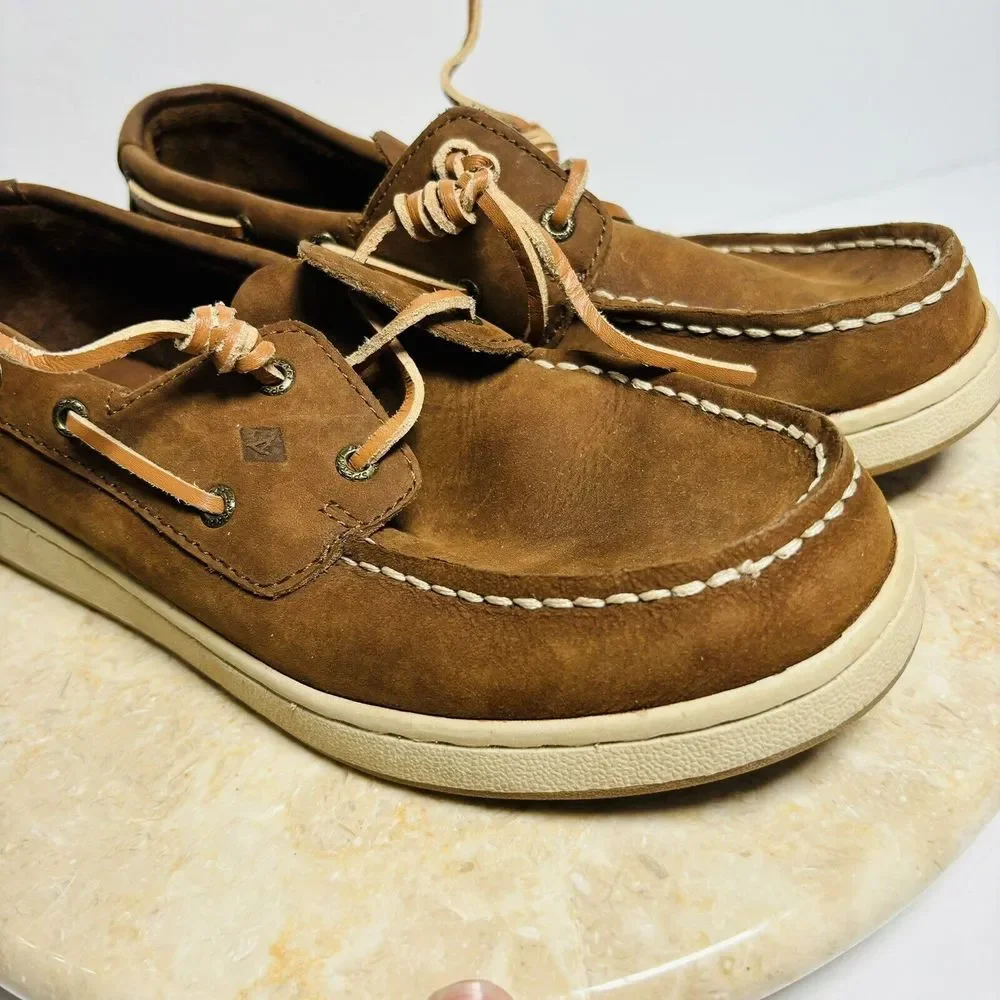 Sperry Boys Sz 4.5W Sperry Cup II Brown Leather Boat‎ Shoes
