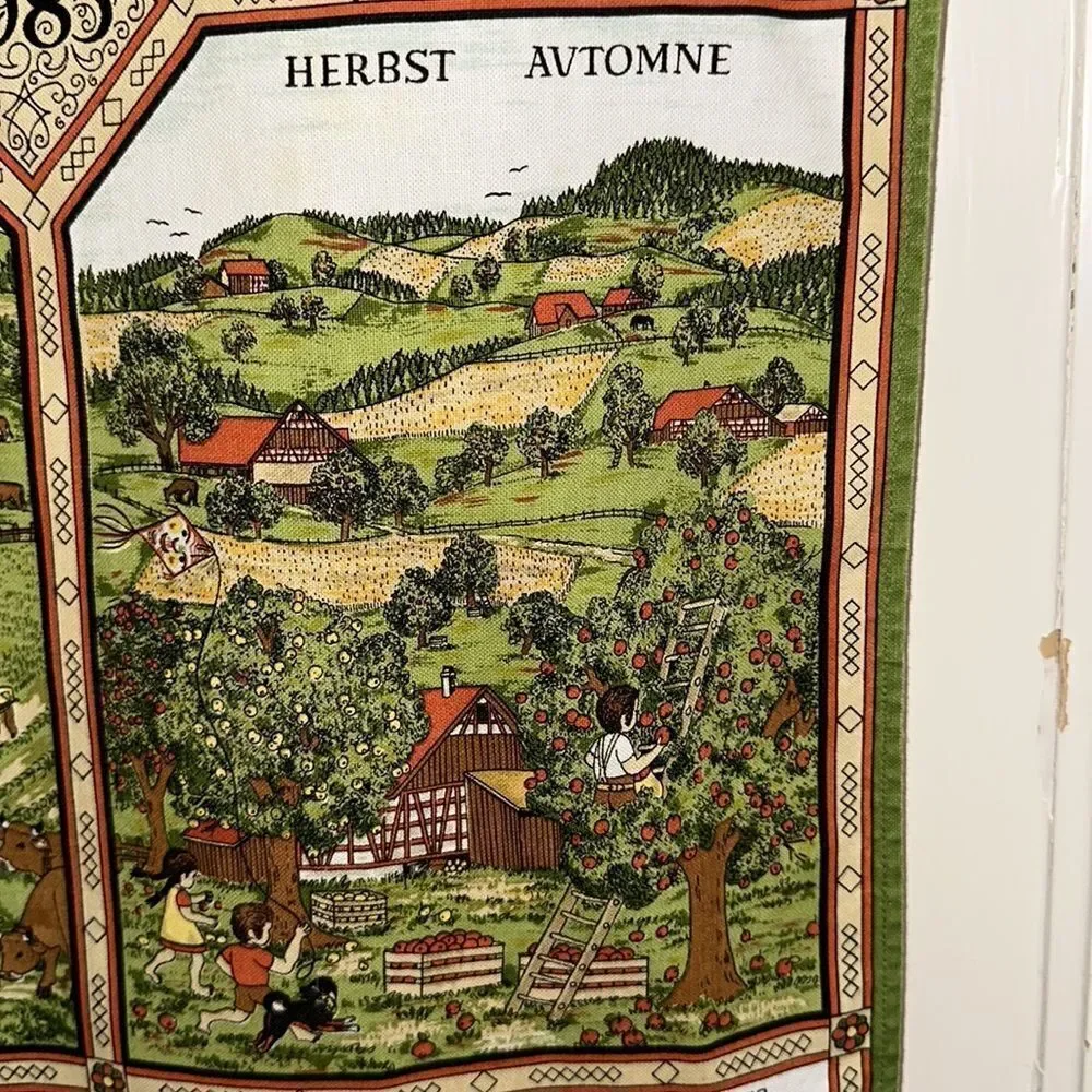 Vintage 1985 Alba cotton calendar tea towel/European scenes of the four‎ seasons