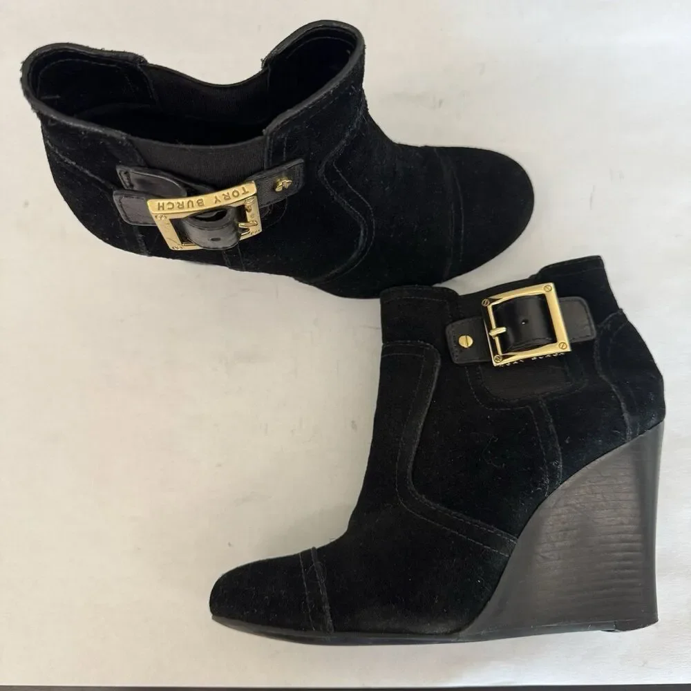 Tory Burch Adrienne Black Suede Wedge Heel Chelsea Ankle‎ Boot Women 6 M Chic