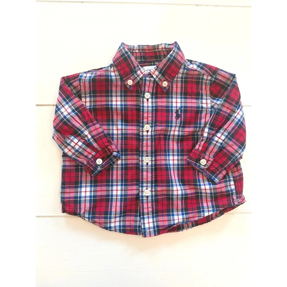 Ralph Lauren Baby Boys Plaid Button Down Shirt 3M Red Blue Pony Logo Cotton