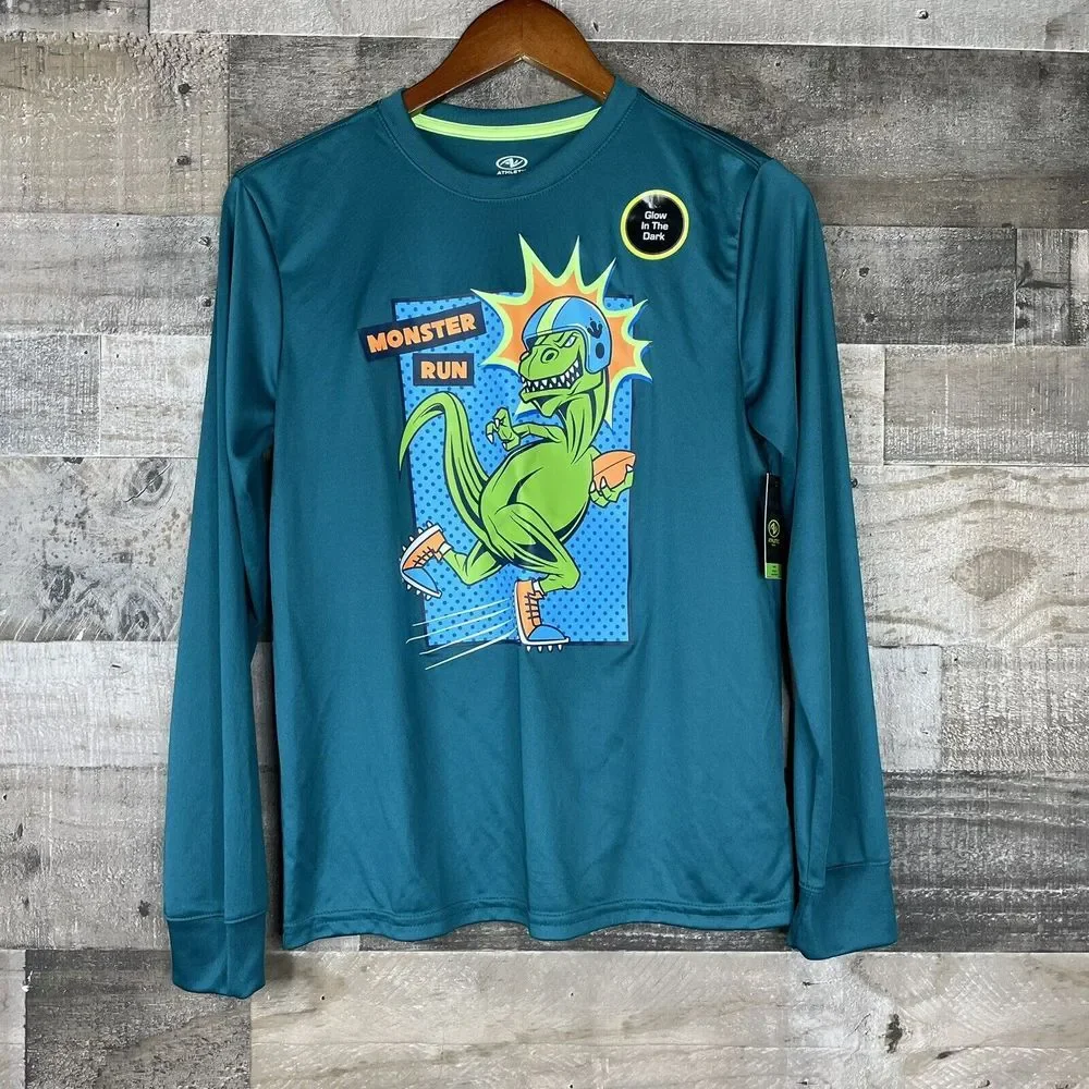 Athletic Works Boys Youth XL 14 16 Dinosaur Football Performance Shirt Green NWT