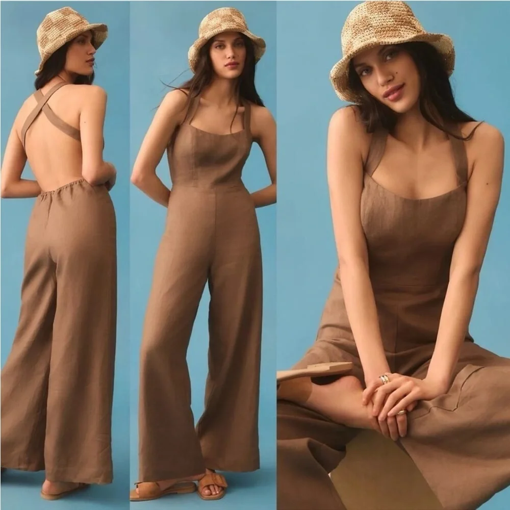 Reformation Autumn Linen Jumpsuit‎ Taupe Tan Wide Leg Open Back 0