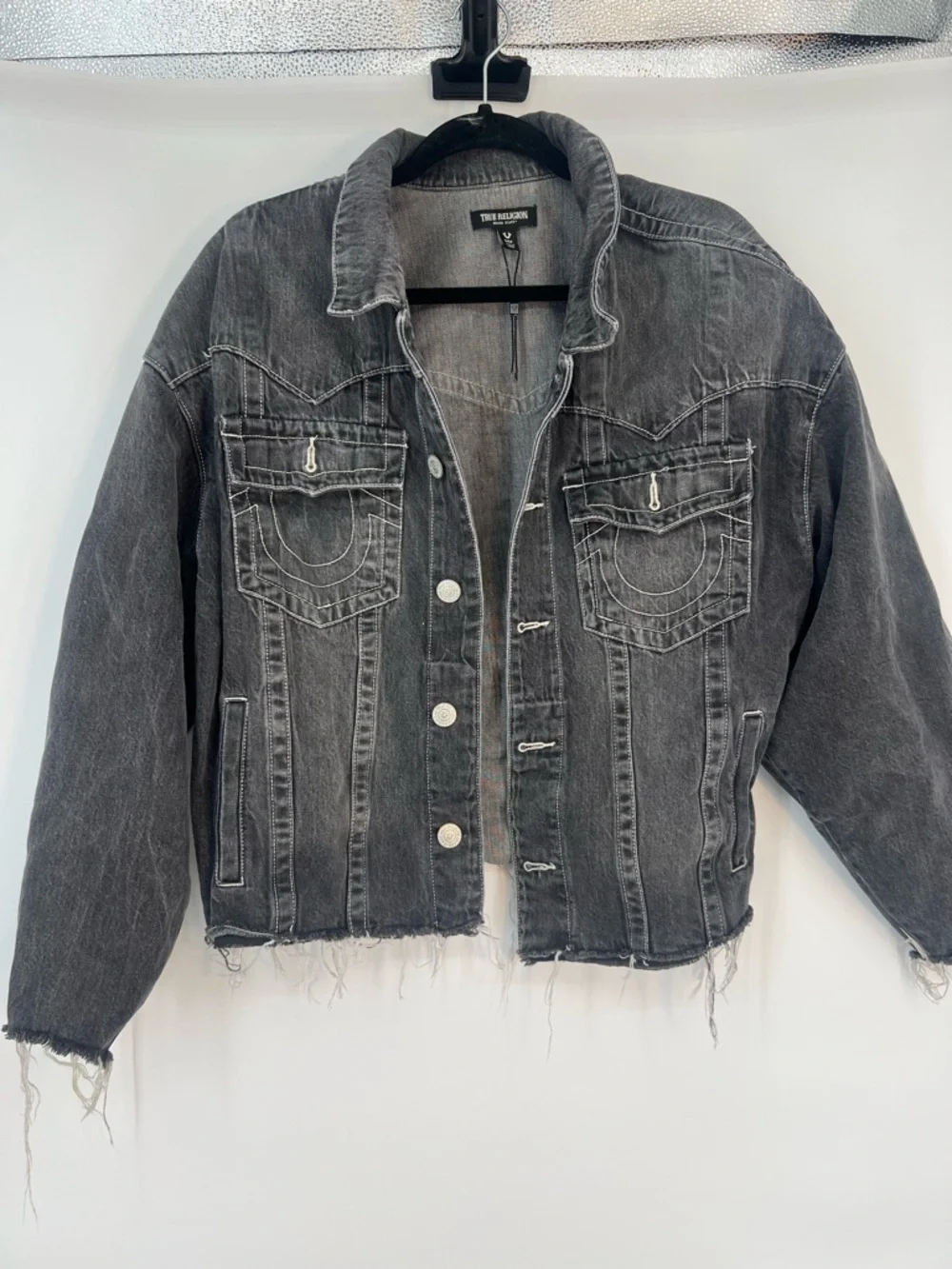 True Religion Oversized Jimmy Denim Jacket Gray Black Raw Hem Men's Medium Y2K
