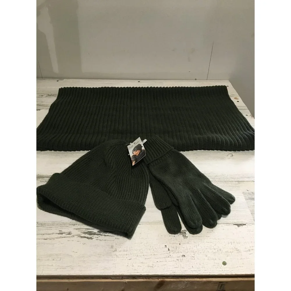 Charlie Paige deep olive green infinity scarf beenie & gloves set