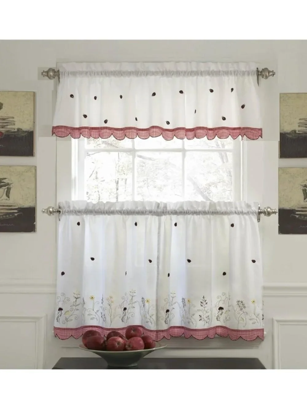 Lorraine Ladybug Meadow Valance & Panels Curtain Set Red Gingham Cottagecore