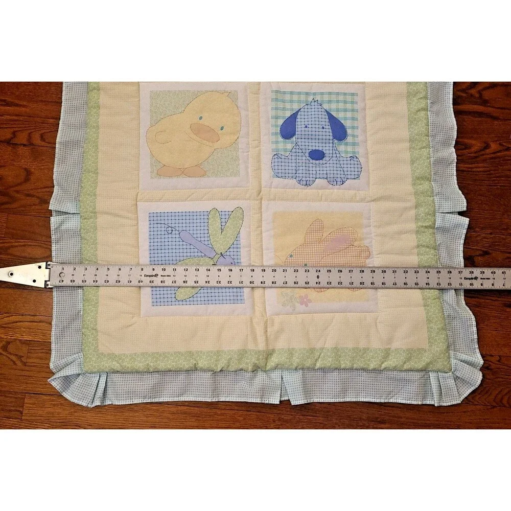VINTAGE Carters Tykes Baby Blanket Quilt Bee Duck Chick Dog Bunny Squares Ruffle