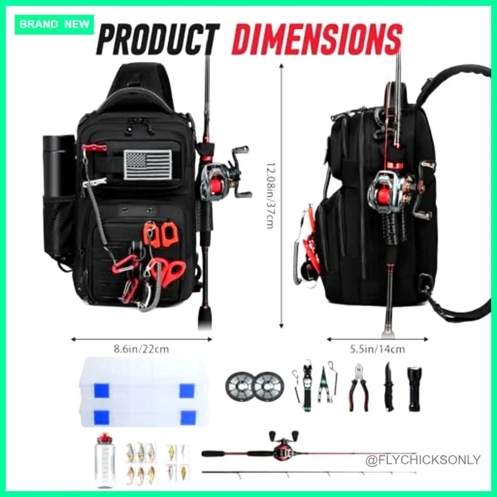 Fishing Sling Backpack with Rod Holder, MOLLE System, Water Resistant