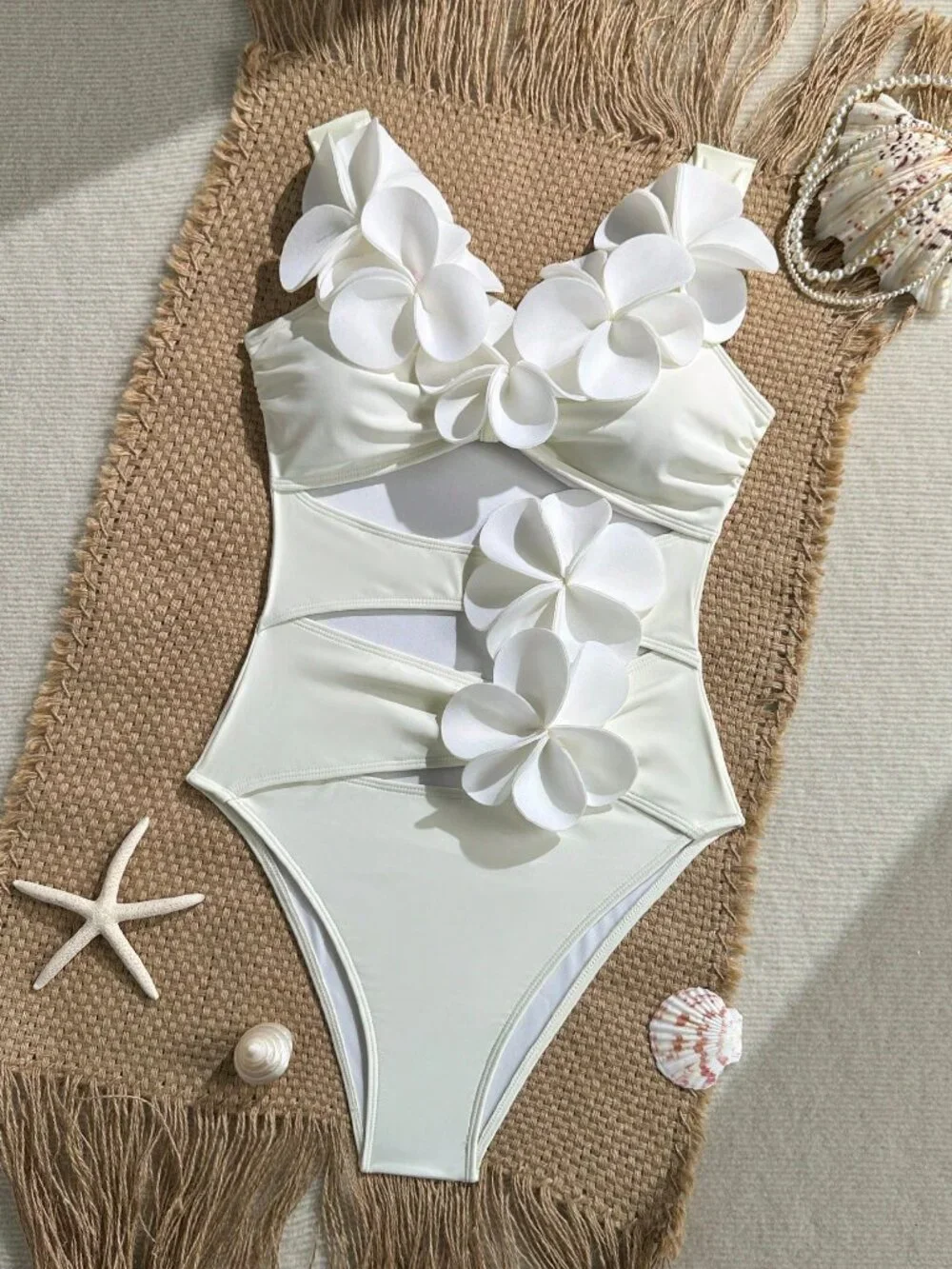White Elegant Women's Beach 3D Floral Off-Shoulder Strapless Ruched Swimsuit