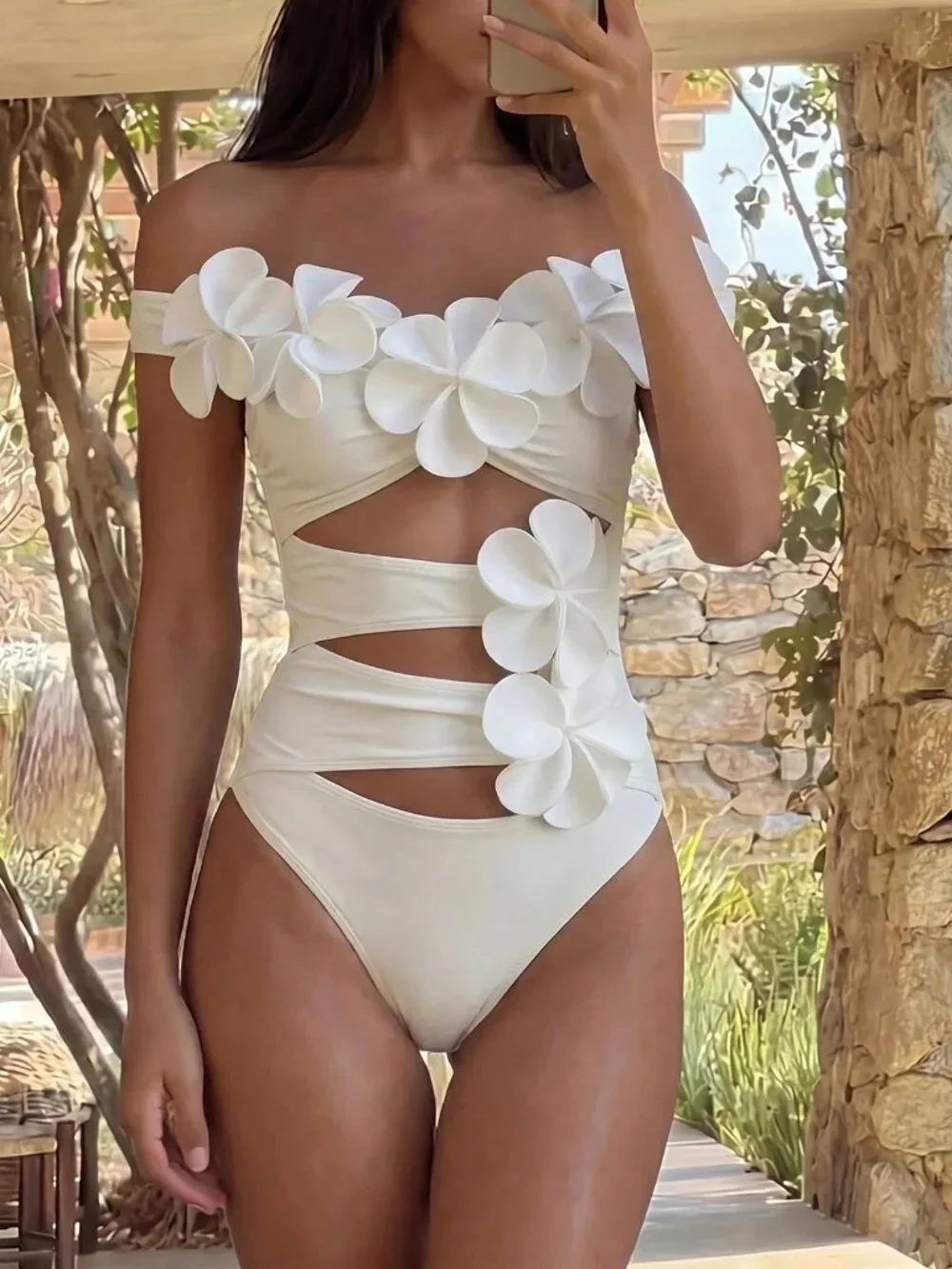 White Elegant Women's Beach 3D Floral Off-Shoulder Strapless Ruched Swimsuit
