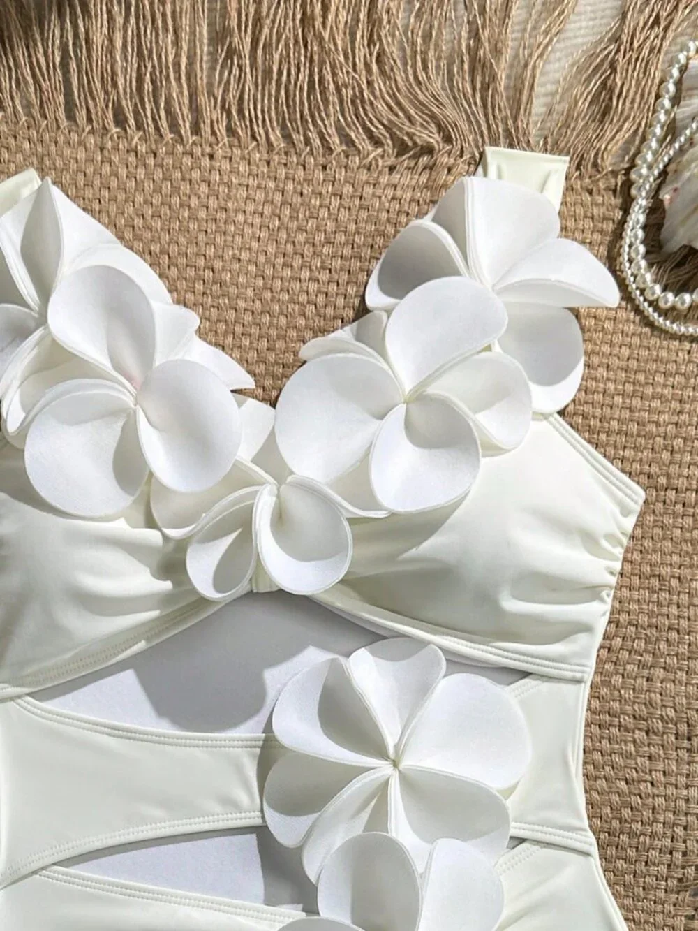 White Elegant Women's Beach 3D Floral Off-Shoulder Strapless Ruched Swimsuit