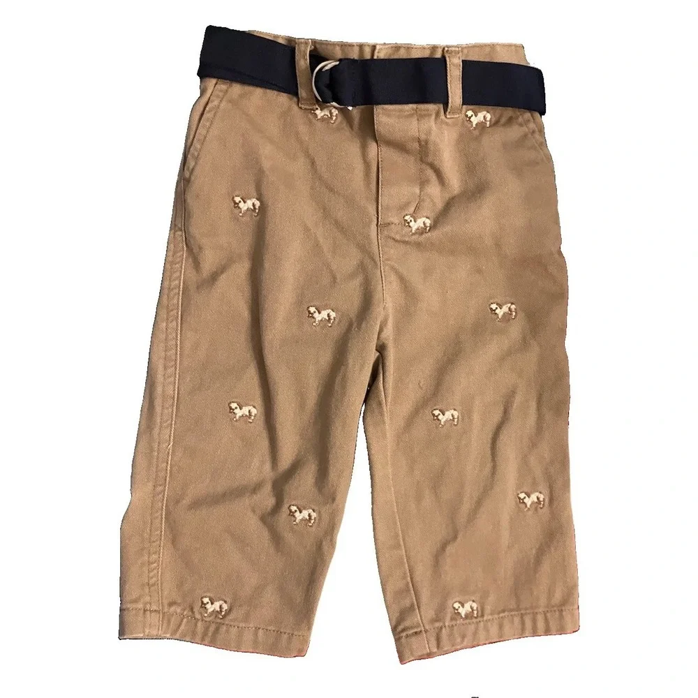 Ralph Lauren Baby Khaki Pants Embroidered Dog Print Sz 9M Belt Preppy