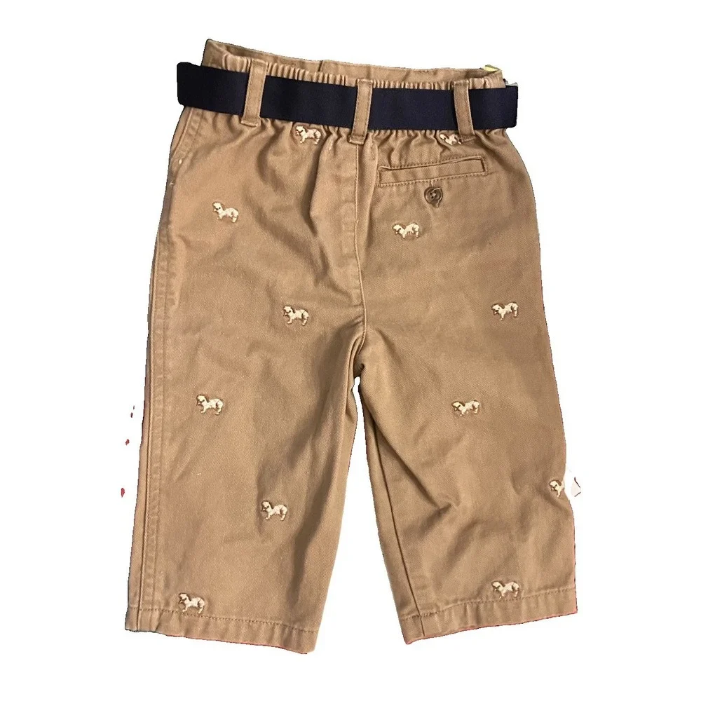 Ralph Lauren Baby Khaki Pants Embroidered Dog Print Sz 9M Belt Preppy
