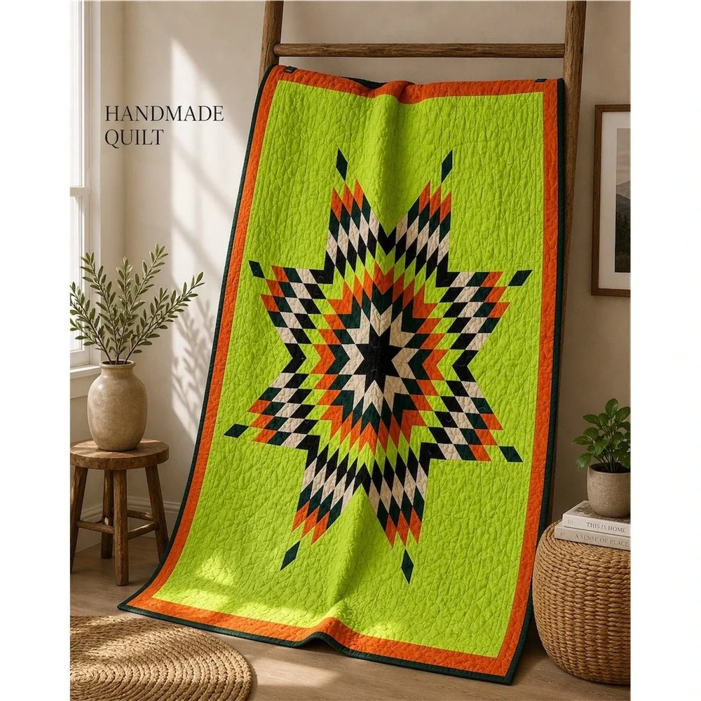Texas‎ Style Star Quilt Chili Lime Green Camo Reverse 54x48 Geometric Star