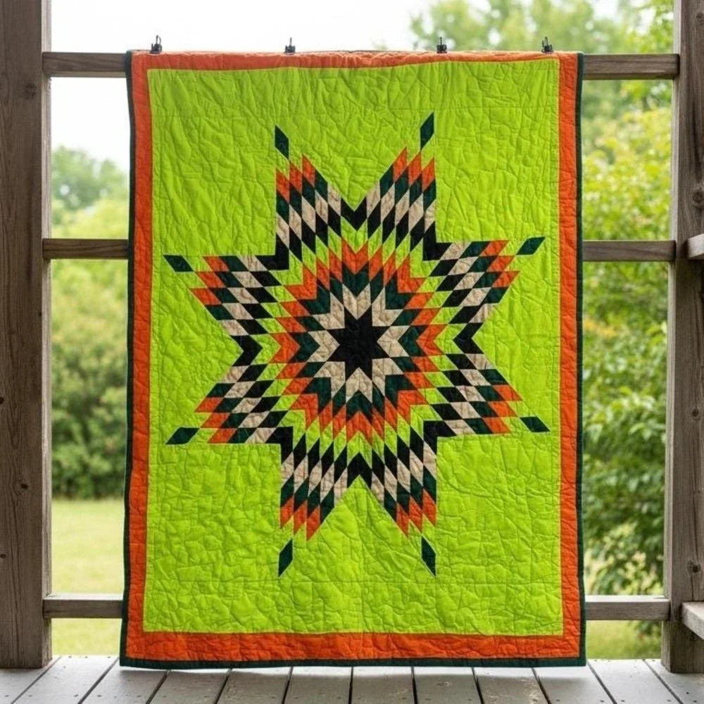 Texas‎ Style Star Quilt Chili Lime Green Camo Reverse 54x48 Geometric Star